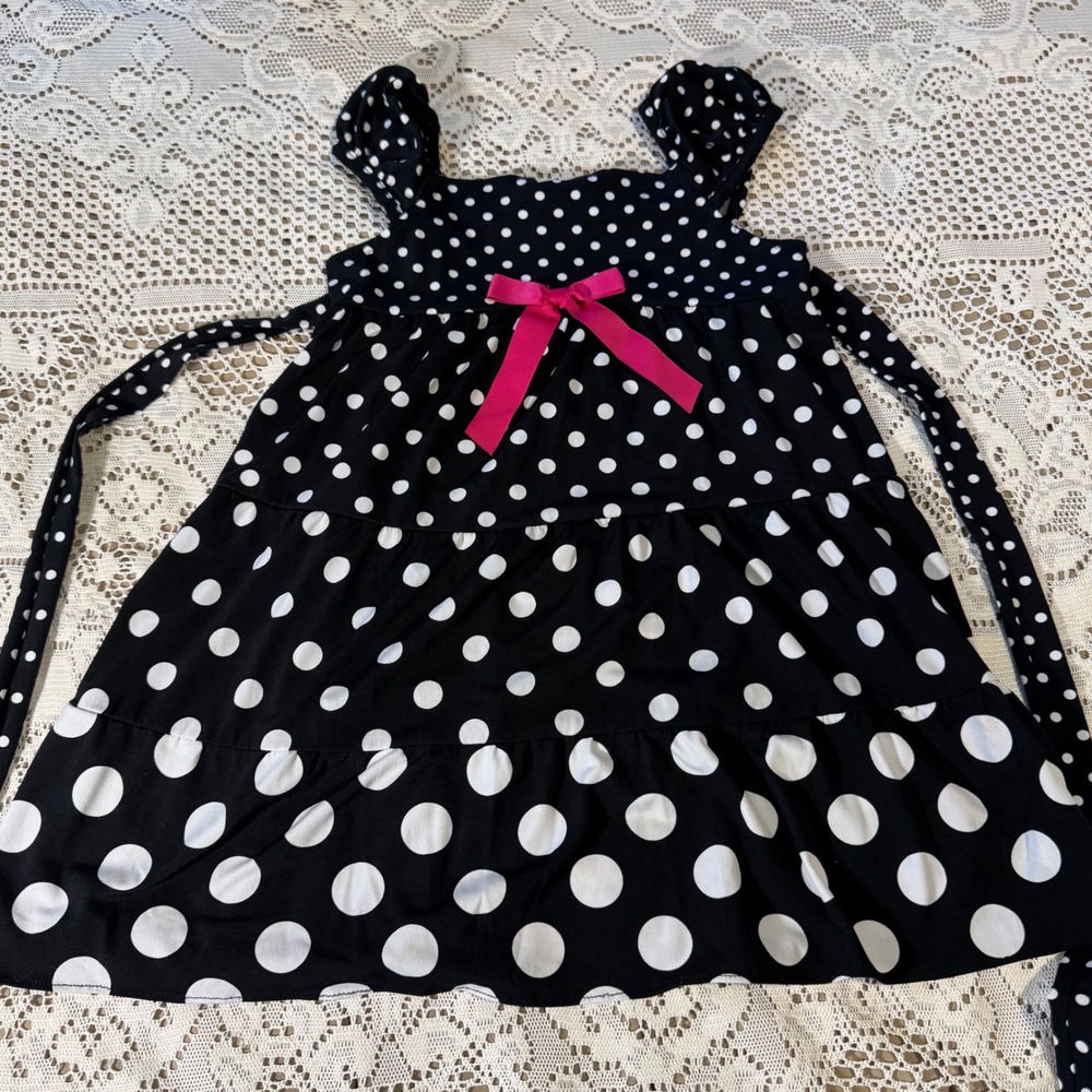 Rare, Too!‎ Black Polka Dot Dress Girl's Sleeveless Pink Bow Size 5 summer party